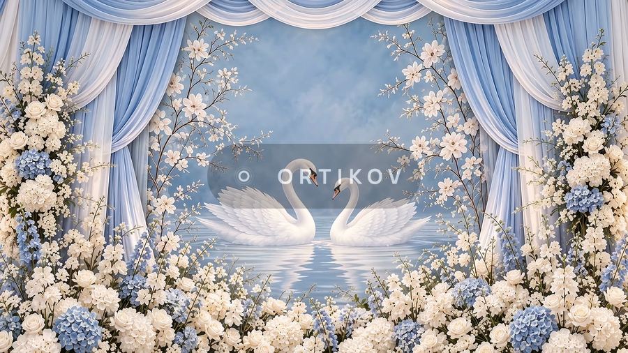 Swans behind Blue Curtains